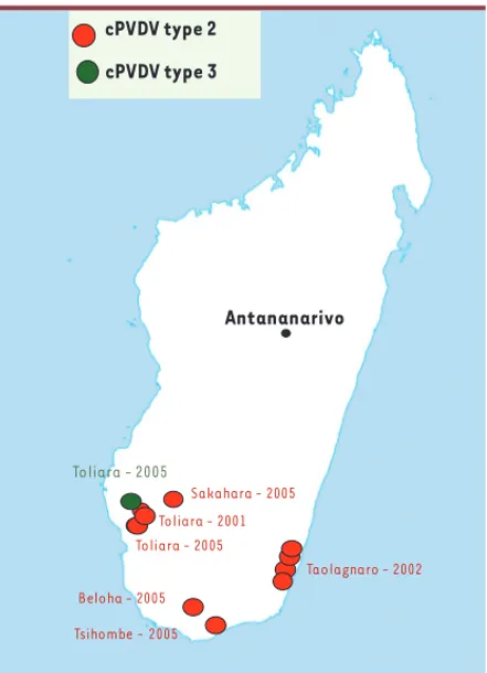 Figure 1. Localisation des cas de poliomyélite dus à des cPVDV de  type 2 ou 3 à Madagascar en 2001, 2002 et 2005