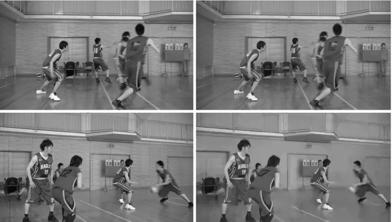 Figure 6. Subjective quality of sequence BasketballDrive at 30 Mbps for two different frames (Left: Proposed, Right: HM R-λ)
