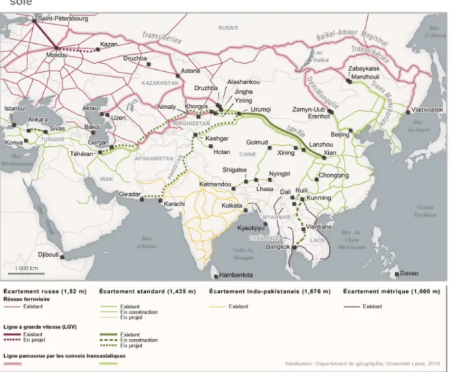 Fig. 1. Le développement des corridors ferroviaires des nouvelles routes de la  soie 