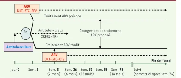 Figure 1. Schéma de l’essai cli- cli-nique CAMELIA. Rd :  randomi-sation ; H : isoniazide ; Z :  pyra-zinamide ;  R :  rifampicine ;  E :  éthambutol ;  ARV :  traitement  antirétroviral ; D4T : stavudine ;  3TC :  lamivudine ;  EFV :   efavi-renz ; Sem