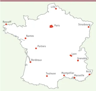 Figure 6. Localisation des différentes équipes formant le GDR  ChemBioScreen. Lille ParisRoscoffNantesPoitiers StrasbourgLyonBordeauxGrenoble