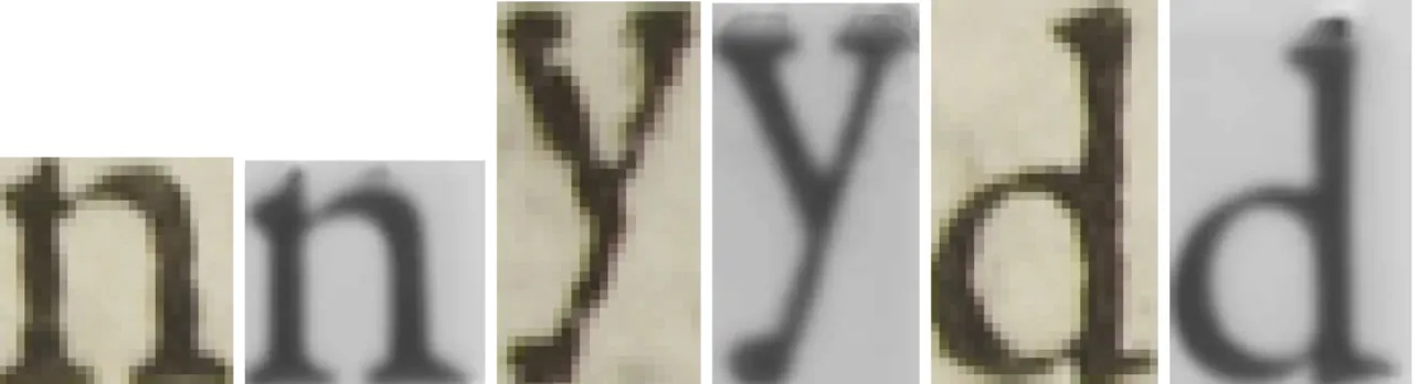 Figure 7. Comparison between individual instances of characters, and their higher resolution, averaged counterparts First, one can notice artefacts at the top of the averaged images