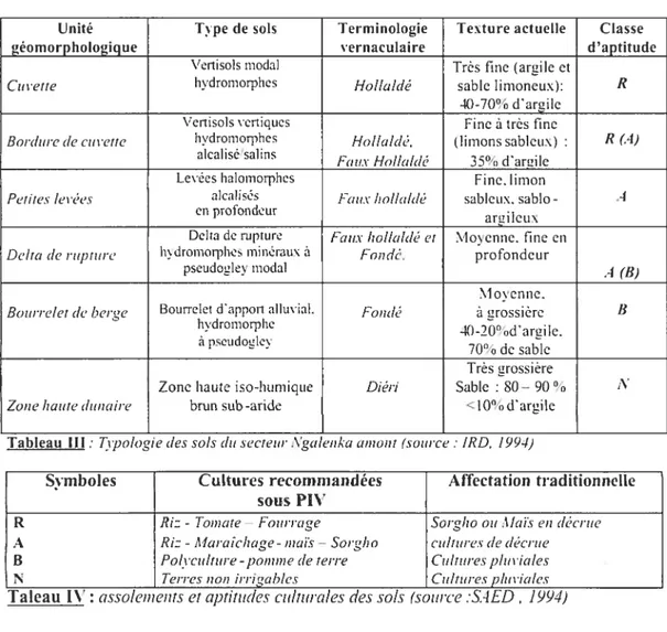 Tableau III Tipologie des sols du secteur Nga1enka amont (source IRD, 1994)
