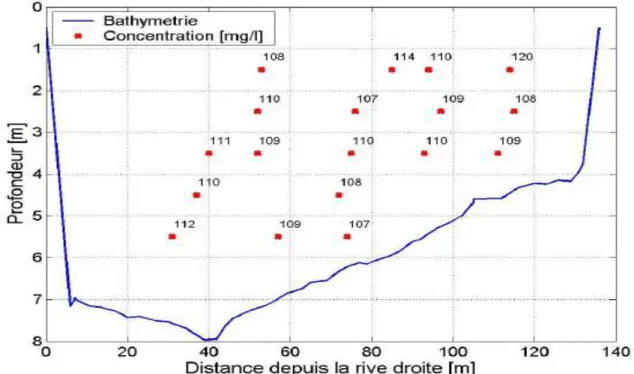 Figure 12 : Concentrations en MES (mg/L) mesurées dans la section du Rhône située à l'amont de la  diffluence de Jons le 06/11/2012 (Pont de Jons, PK 32,5)