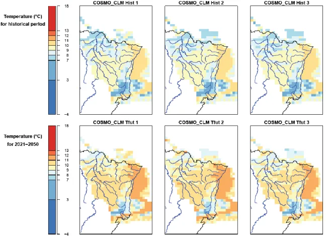 Figure  17  :  Température  annuelle  moyenne  (°C)  pour  les  trois  réalisations  du  modèle  COSMO-CLM,  pour  la  période de référence (1971-2000) en haut, pour la période 2021-2050 en bas