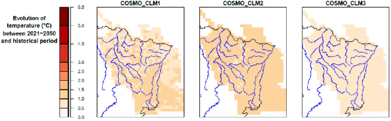 Figure 18 : Ecart de la température annuelle moyenne (°C) pour les trois réalisations du modèle COSMO-CLM  entre 2021-2050 et la période de référence (1971-2000)