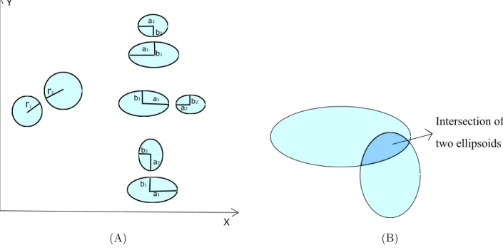 Figure 5: (A) The difference between approaching two spherical droplets v.s two ellipsoidal droplets, (B) intersection of two touching ellipsoidal droplets.