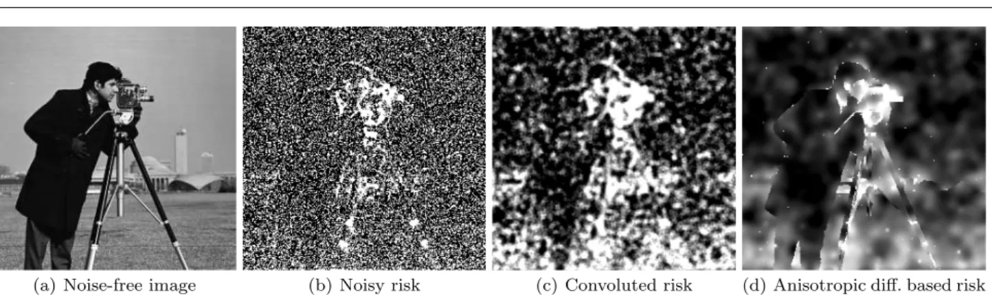 Fig. 5 Maps of the estimated risk associated to patches with a small circular shape. From left to right, the underlying noise-free image, the map of the risk without regularization, with convolution (isotropic regularization) and with regularization based 