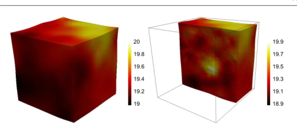 Fig. 10 Deformed volume with displacement amplitude (left) and along the tensile direction (right) expressed in voxels when ξ b and ξ are set to 6 voxels