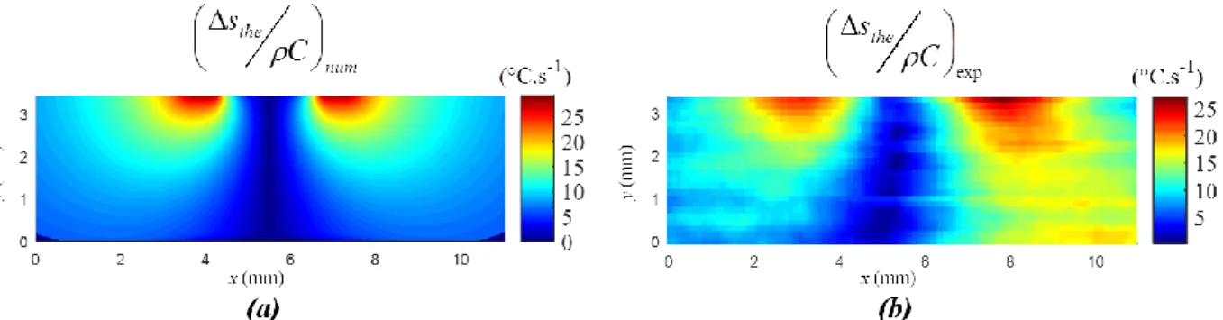 Figure 12: Fields of (a) computed thermoelastic source amplitude and (b) experimental  thermoelastic source amplitude
