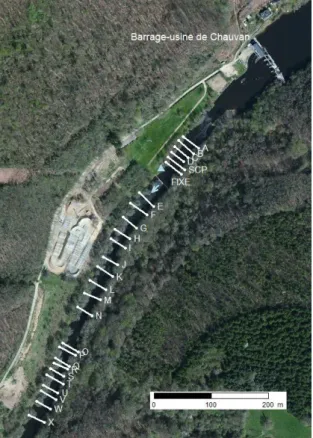 Figure 5 : Répartition des sections de mesure à l'aval du barrage de Chauvan 