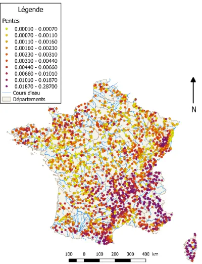 Figure 2.1 - Carte des pentes extraites du réseau hydrographique théorique français. 