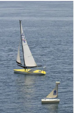 Fig. 1. Vaimos sailboat and another sailboat robot layer may present surface singularities for bio-geochemical parameters (temperature, salinity, turbidity, chlorophyll).