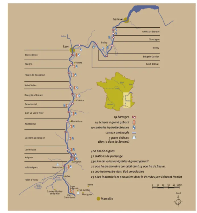 Figure 3: Carte des aménagements du Rhône, CNR