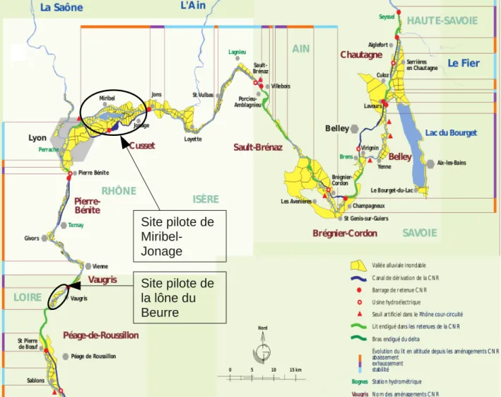 Figure 1: Localisation des sites pilotes et principaux ouvrages du Rhône aux alentours, (Étude globale pour  une stratégie de réduction des risques dus aux crues du Rhône, Institution Interdépartementale des bassins   Rhône­Saône).