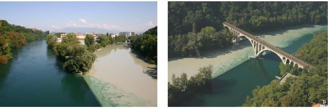 Figure 3 : Confluence du Rhône (à gauche) et de l’Arve (à droite) chargée en sédiments à Genève. Photo :  SIG, crue de l'Arve, août 2005