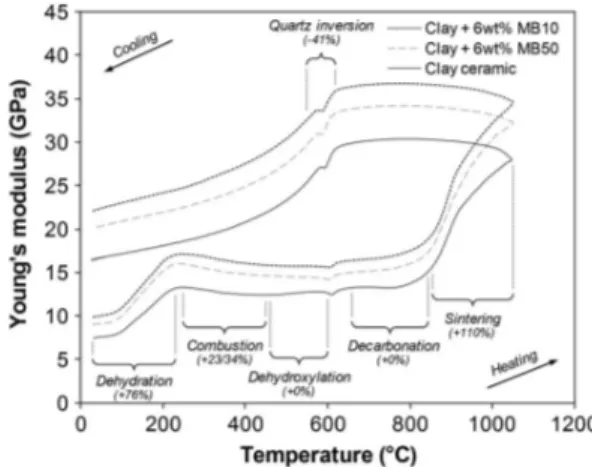 Fig. 8. Dependence of the Young’s modulus on the firing temperature of the clay ceramic and of the clay ceramic with a 6% by weight  addi-tion of MB 50 and MB 10 additives
