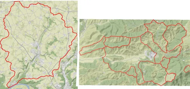 Figure  6 :  Représentation  du  réseau  routier,  du  relief  et  de  la  couverture  végétale  (fond  de  carte  OpenStreetMaps)  :  Austreberthe (à gauche) et Réal Collobrier (à droite) 
