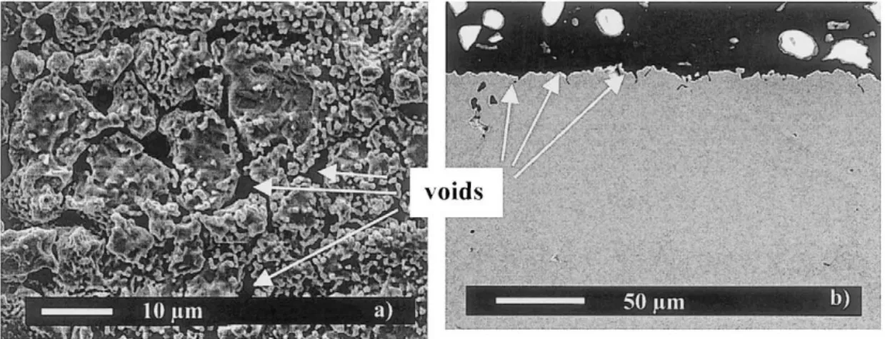 Fig. 16. SEM micrographs of the spalled surface (a) and cross-section (b) of the austenitic material exposed 150 h in cycle 1.
