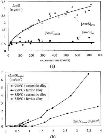 Fig. 5. Oxidation and spallation kinetics of the austenitic alloy exposed to cycle 1 (a) and mass of spalled oxide due to room temperature cooling versus gross weight gain (b).