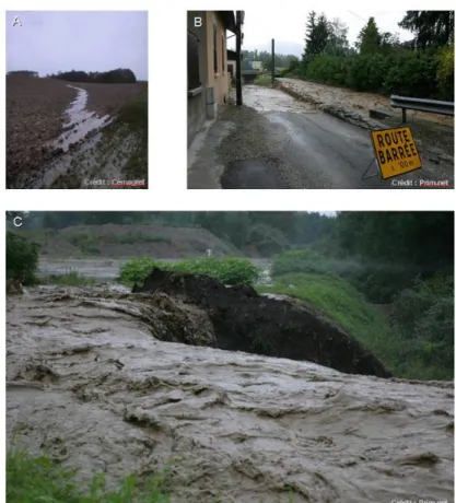 Figure 7 : Illustration de phénomène d’inondation par ruissellement concentré en amont (A) et en aval  (B) et (C) du bassin versant – Photographie Hors secteur d’étude 