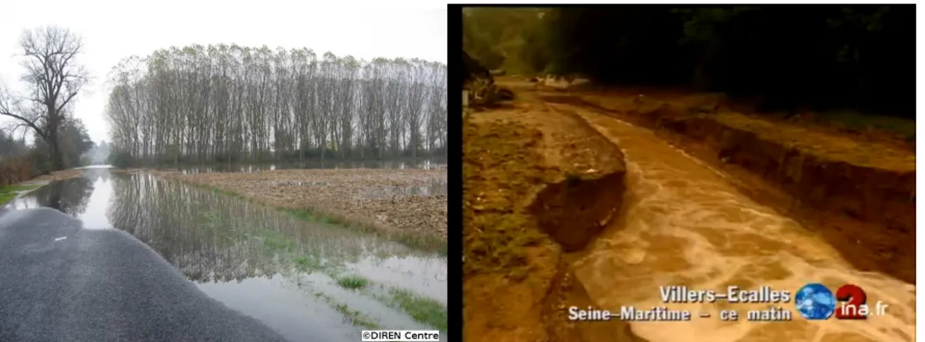 Figure 5 : Exemple d’inondation loin de tout cours d’eau. A gauche, route inondée (chatel&amp;de&amp;neuvre 2008) ; et a  droite, un chemin de randonnée fortement incisé par le ruissellement (transport de matériaux) et transformé en 