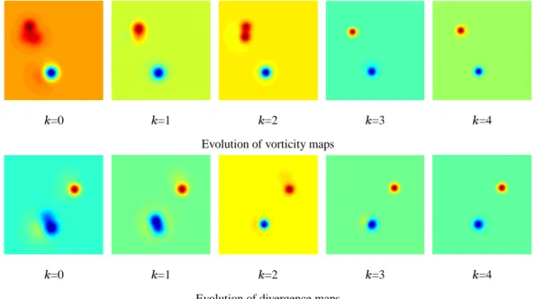 Figure 6: Evolution of the estimation of the vorticity and divergence maps along the iterations of the two steps scheme (estimation of the vorticity or divergence carried by each particle / adjustment of the centers by the mean shift procedure).