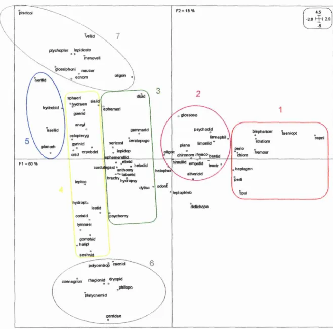 Figure 4.7 - AFC inter-écorégions effectuée à partir du tableau d'abondance faunistique (trans, log) [225 rei x 81 taxons] : plan factoriel 1-2 des taxons avec identification de groupes faunistiques caractéristiques.