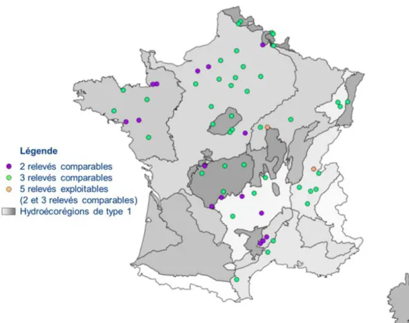 Figure 2 : Carte des sites diatomées 2013-2014 : nombre de relevés disponibles   pour les analyses statistiques sur les 61 sites d’étude 