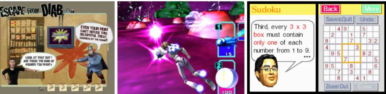 Figure 31 : À gauche : Escape from DIAB, Archimage, 2006 - Au centre : Re-Mission, HopeLab, 2006 À droite : Programme d’Entraînement Cérébral du Dr Kawashima (version Nintendo DS), Nintendo, 2005