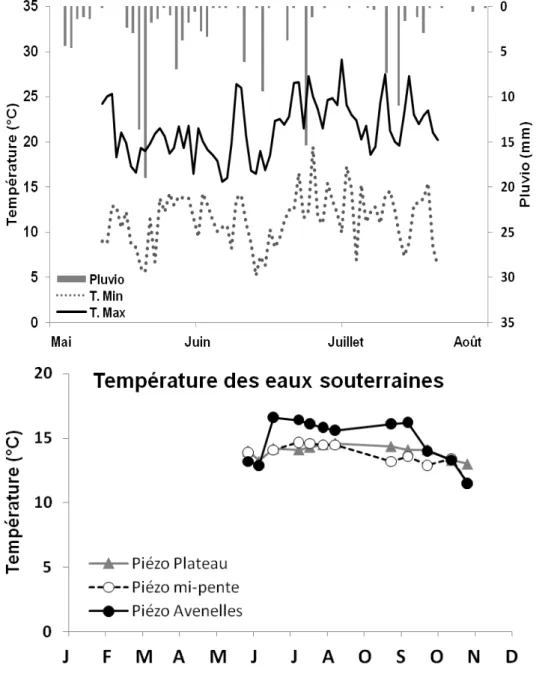 Figure 6 : Conditions climatiques journalières(en haut)  pendant la période  d’étude des émissions de N 2 O dans les chambres sur culture du 12 mai au 21 juillet 