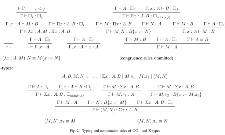 Fig. 2. Typing and computation rules of CC ω and Σ-types