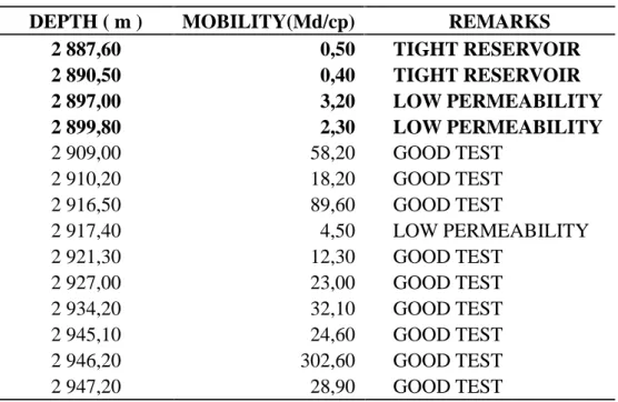 Table 2: Results of pressure test logging (RCI). Low to very low permeability in top TAGS (Bold character)