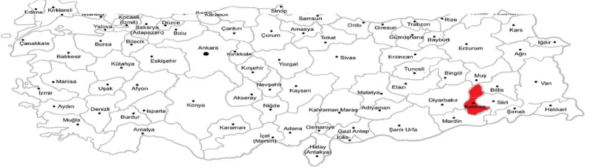 Figure 1  : Les provinces de Turquie : En rouge, la province de           Batman, où se situe notre terrain de recherche