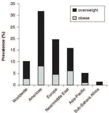 Figure 14 : Prévalence du surpoids et de l’obésité des enfants de 5 à 17 ans dans les  grandes régions du monde (taux basés sur différentes études après 1990, définis selon les 