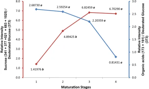 Fig. 3. Relative intensity of sucrose and organic acids of Ubá mango at various maturation stages