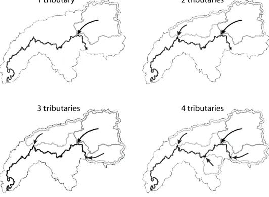 Figure 3. Diﬀerent options regarding the spatial discretisation of lateral inﬂows.