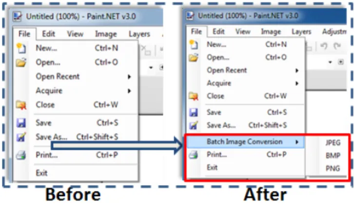 Figure 3: Using WADE, one can easily add an external service  to  the  host  program.  The  utility  enabling  batch  image  conversion to JPEG, BMP and PNG is added to Paint.NET by  linking to the  ImageMagick  graphic library