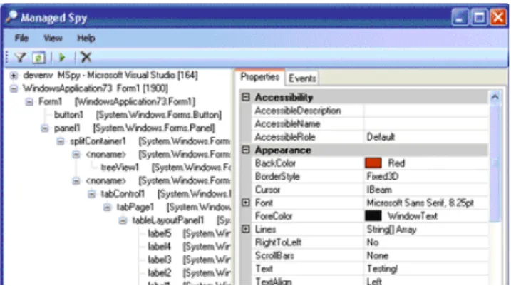 Figure  5  presents  a  screen-shot  of  the  program  which  allows a user to discover the names, types, and properties of  the  host  application’s  GUI  components  at  runtime