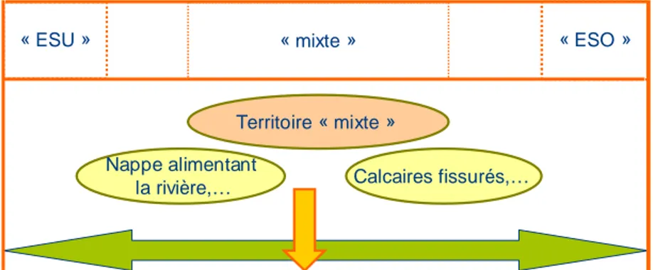 Figure 1 : Schématisation de la partition des aires d’alimentation de captage (ESU = Eau de Surface,  ESO = Eau Souterraine) 