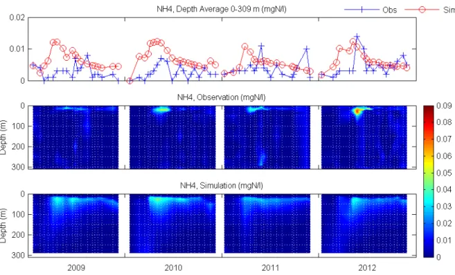 Figure 13 – Comparaison entre la concentration en ammonium mesurée et simulée au point de prélèvement SHL2 entre la surface et le fond du lac en 2009, 2010, 2011 et 2012