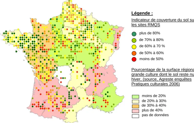 Figure 17 : Illustration des valeurs d’indicateurs de couverture du sol des sites RMQS sur le territoire métropolitain et des surfaces en 