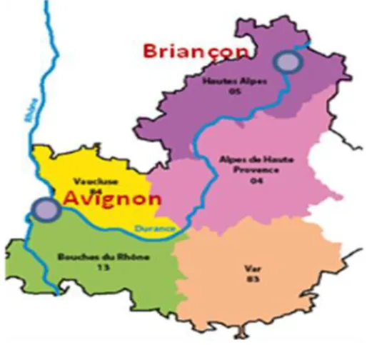 Figure 4 : Situation géographique et tracé de la Durance depuis sa source près de Briançon, jusqu’à son exutoire à Avignon et  différents départements traversés