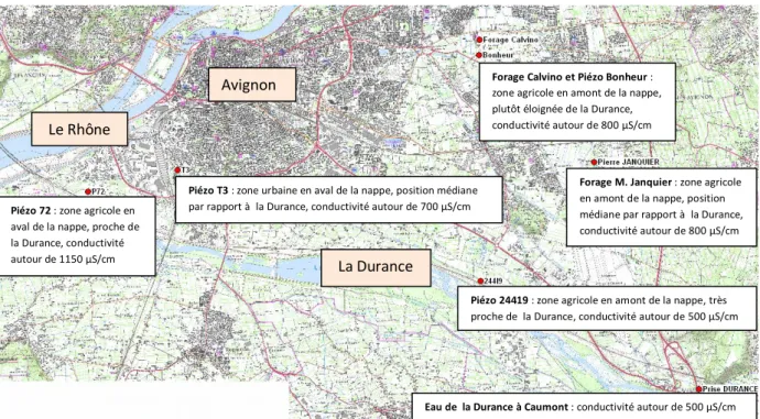 Figure 7 : Carte des points de prélèvements (en rouge) de la nappe alluviale d’Avignon et des caractéristiques qui les  distinguent