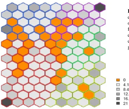 Figure 1 : Résultat de la classification  des prélèvements par la carte  auto-organisante : la couleur de la cellule est  fonction du nombre minimal de relevés  qui y sont groupés