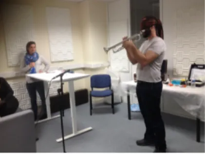 Figure 1. (left): Assembly of the bridges on the mouthpiece of the trumpet. (right): Trumpet player performing an  ABX blind test of the bridges in free playing conditions