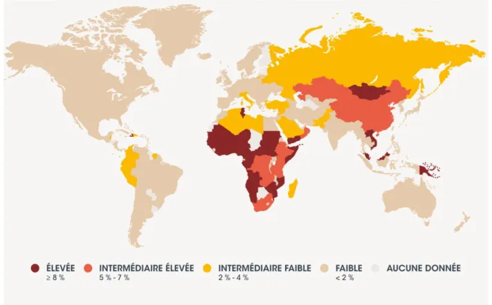 Figure 1.-Répartition géographique de l’hépatite B dans le monde (SCHWEITZER et al., 2015)  L’Algérie est un pays de moyenne endémicité pour le VHB