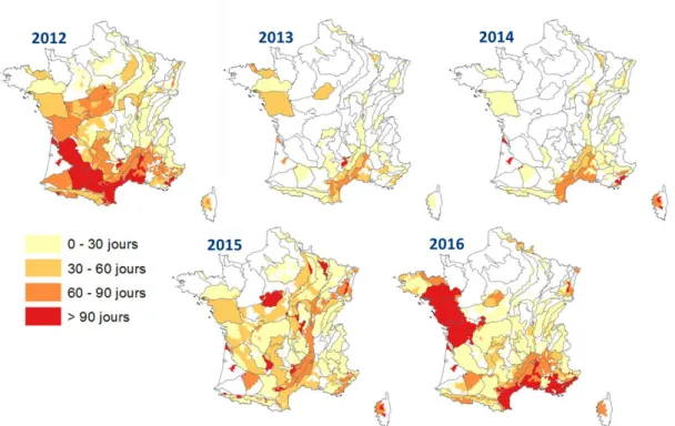 Figure 10 : Estimation de la durée avec une probabilité régionale d’assec RPoD supérieure à 20% avec le modèle LR (© Aurélien  Beaufort) 