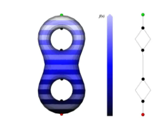 Fig. 2 Evolution of the level lines of the height function on a bi-torus, its critical points and its Reeb graph.