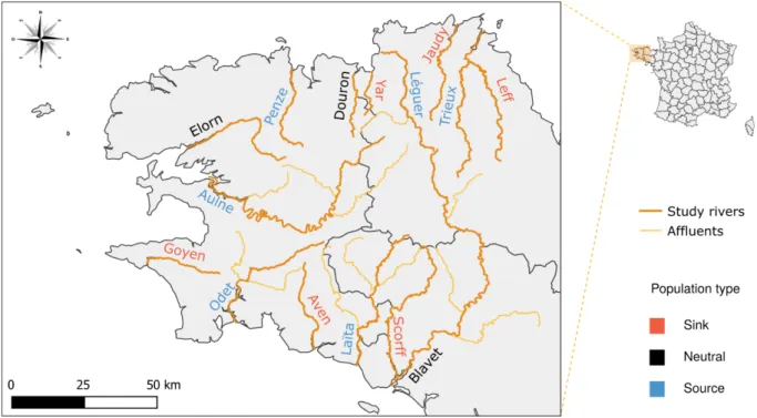 Figure 3 : Carte des populations simulées dans les rivières bretonnes. Le type de  chaque population a été défini en fonction du ratio Immigrants/Emigrants issu des  simulations (puits en rouge, neutre en noir et source en bleu)